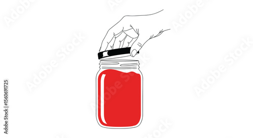 Hand opening a jar of red jam in a minimalist line art style on a plain background