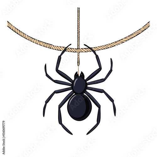 The black spider descends and ascends on a rope,insect, predator, web, spider, animal, black, scarey, spider's web, fauna, fear, festive, horror, monster, party, creepy, 