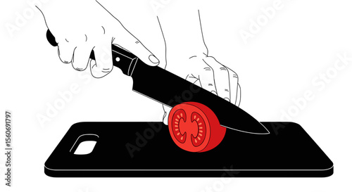 Hands slicing a tomato on a cutting board with a kitchen knife in a minimalist line art style on a plain background