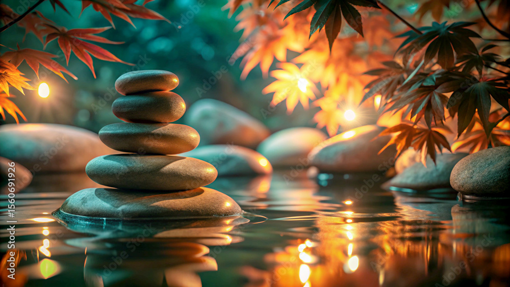 Obraz premium Zen stone stack balanced on water surface with glowing orange leaves and warm light reflections