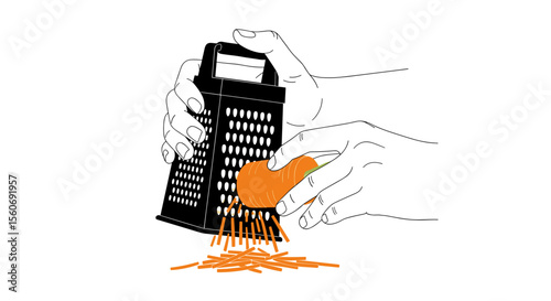 Hands grating a carrot using a grater in a minimalist line art style on a plain background