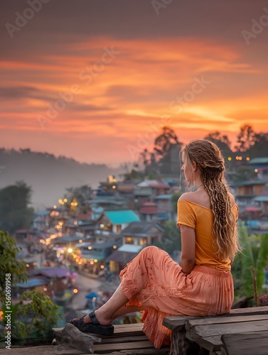 A young woman sitting on the mountain at sunset with a beautiful city view, Switzerland, girl, 