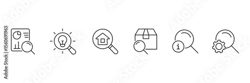 Search thin line icons set. Containing SEO, Digital marketing, data analysis, management, investigate, find and more. Magnifying glass, find, zoom icon. Vector illustration.