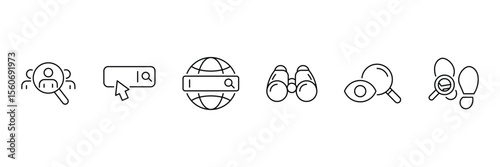 Search thin line icons set. Containing SEO, Digital marketing, data analysis, management, investigate, find and more. Magnifying glass, find, zoom icon. Vector illustration.
