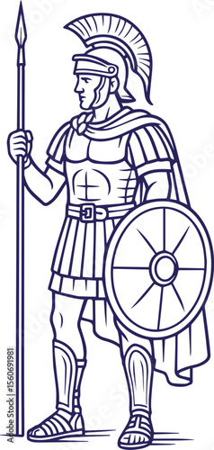 Roman soldier in armor holding spear and shield line art