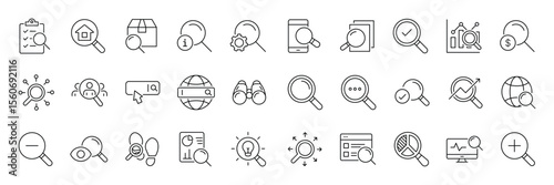 Search thin line icons set. Containing SEO, Digital marketing, data analysis, management, investigate, find and more. Magnifying glass, find, zoom icon. Vector illustration.