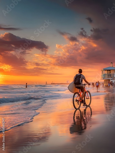 sunset on the beach, men running a bicycle on the beach, nature, 