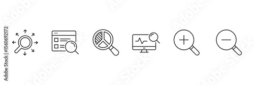 Search thin line icons set. Containing SEO, Digital marketing, data analysis, management, investigate, find and more. Magnifying glass, find, zoom icon. Vector illustration.