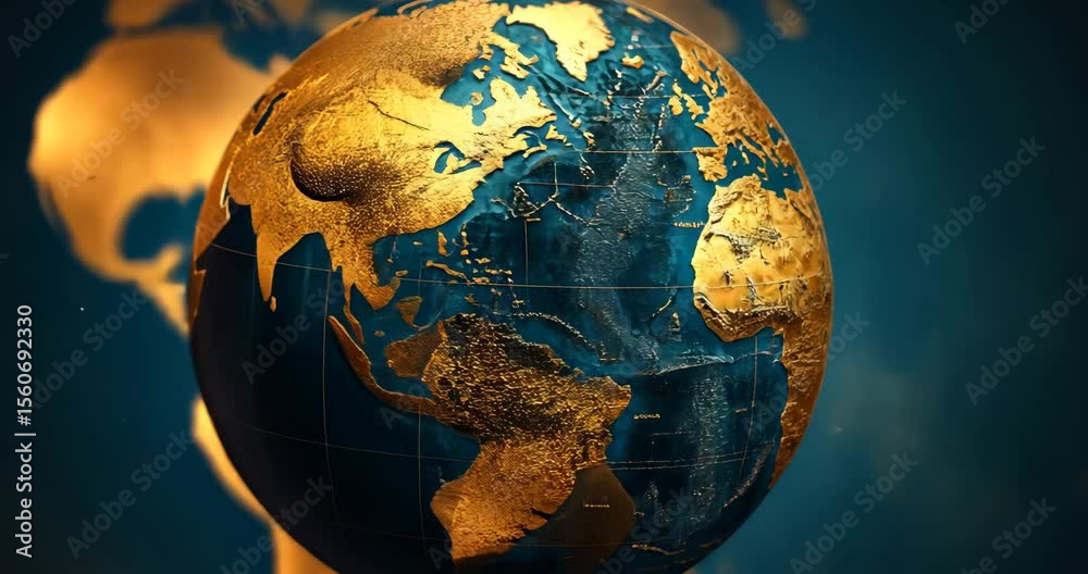 Rotating golden globe on a dark teal background with particles and depth of field.