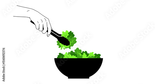 Hand using tongs to serve salad from a bowl in a minimalist line art style on a plain background