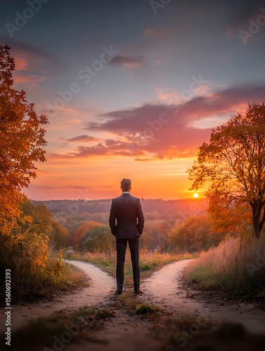 A man walking on the road, choosing the way, the correct way, sunset, men worried, 