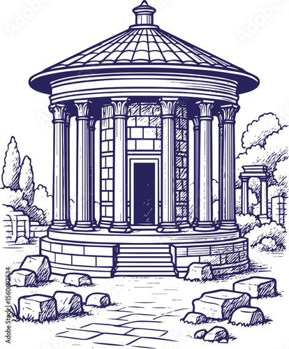 Ancient Roman temple in classical line art style with ruins