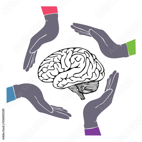 Black and white hands and human's brain. Modern collage style.disease, anatomy, biology, brain, brainstorm, brainstorming, creativity, depression, education, genius, health care, hold, human, idea, im