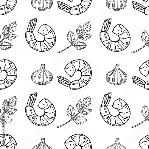 Seamless vector outline pattern of hand-drawn grilled shrimps, garlic cloves, and parsley sprigs, creating a monochrome culinary design ideal for food packaging or restaurant menus.