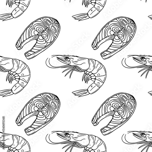 Seamless vector outline pattern of hand-drawn shrimps and salmon steaks, a stylish black and white illustration perfect for seafood restaurant menus or culinary designs.
