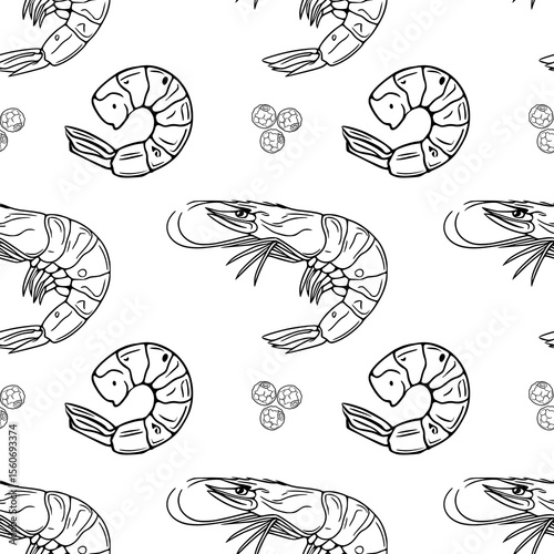 Seamless vector outline pattern of hand-drawn shrimps and peppercorns, featuring detailed illustrations of whole and curled shrimps in a monochrome style, suitable for culinary or seafood-themed