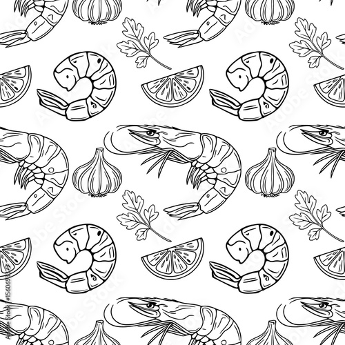 Seamless vector outline pattern of hand-drawn shrimps, garlic, lemon slices, and parsley, creating a stylish monochrome culinary design perfect for food packaging or restaurant menus.