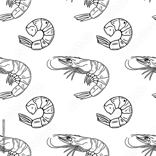 Seamless vector outline pattern with hand-drawn black and white illustrations of shrimps in various positions, creating a stylish and detailed design perfect for culinary or seafood-themed projects.