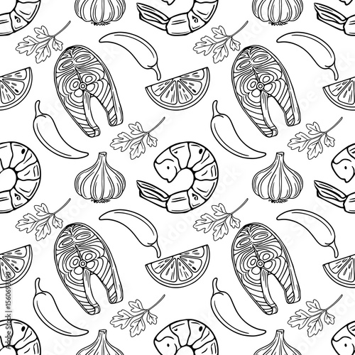 Seamless vector outline pattern of grilled shrimp, salmon steaks, garlic, chili peppers, parsley and lemon slices, perfect for culinary designs and food packaging.