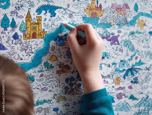 Childs hand coloring a whimsical fantasy map filled with castles, dragons, and landscapes. Represents creativity, imagination, learning, and childhood fun.
