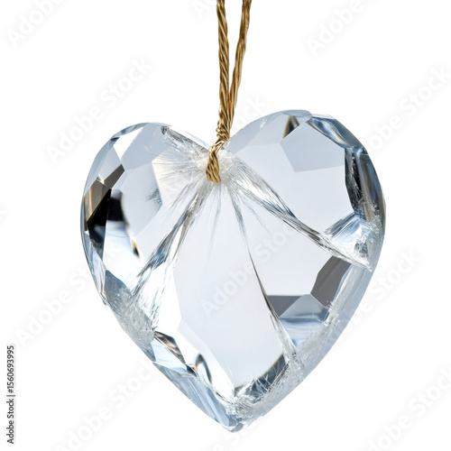 A faceted, clear crystal heart pendant hanging by a golden string.