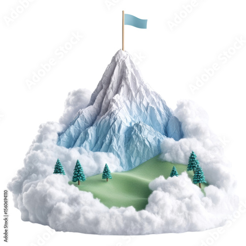 A stylized mountain peak with a flag on top, surrounded by clouds and evergreen trees on a green slope.