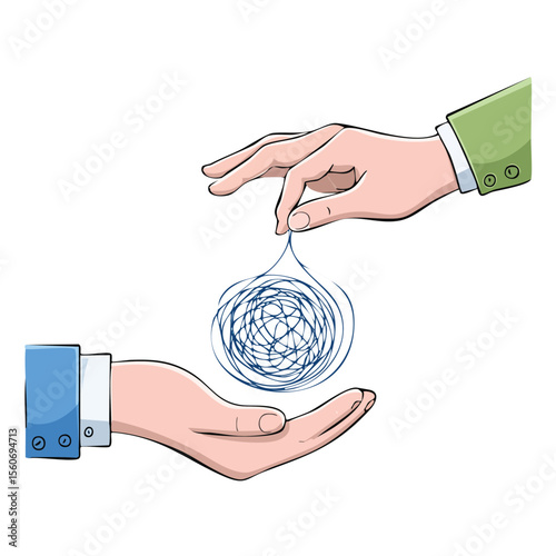 hand pulls a thread from a tangled ball in other hand. Concept of problem solving and eliminating uncertainty.complexity, confusion, messy, conflict, abstract, brainstorming, challenge, clip art, 