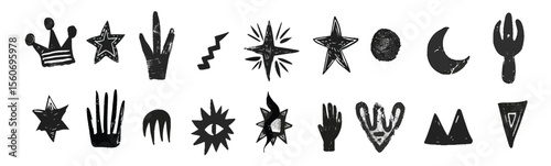  handdrawn grungy punk linocut shapes retro naive groovy icons charcoal marker scribble elements