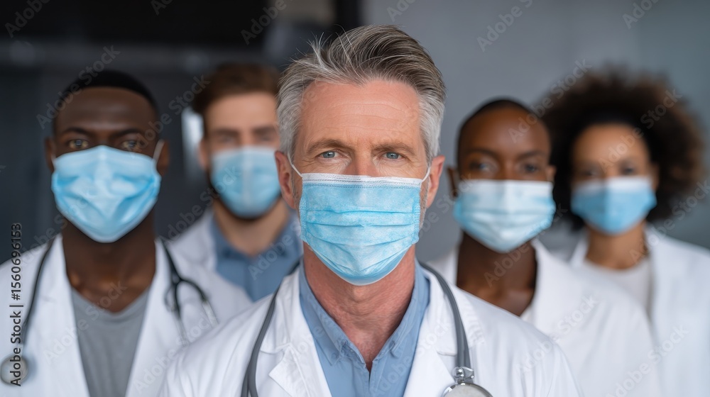 Group of doctors with face masks looking at camera, corona virus concept., no logos, no brands Group of doctors with face masks looking at camera, corona virus concept., no logos, no brands