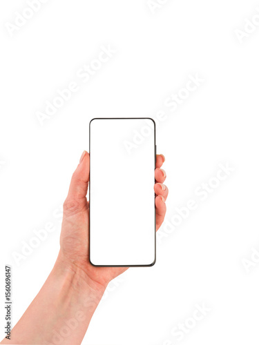 Female hand holding smartphone with blank screen isolated on white background with clipping path. Top view. Design element