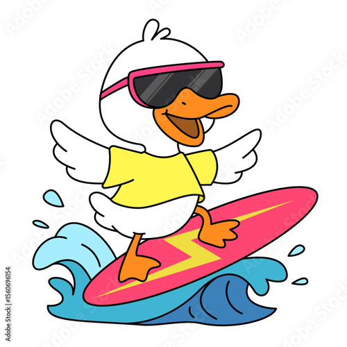 Cool Summer Goose Surfing – Cartoon Animal with Sunglasses and Surfboard Vector