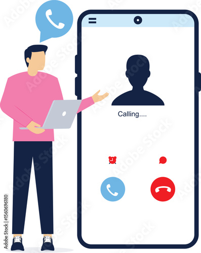 Tiny men receive incoming call in smartphone app. Phone call concept. Accept Button, Decline Button. Communication device. Modern flat cartoon style. Vector illustration

