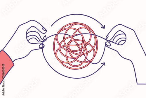 A hand pulls a thread from a tangled ball in other hand. Concept of problem solving and eliminating uncertainty. brainstorming, complexity, confused, confusion, development, difficult, doodle,