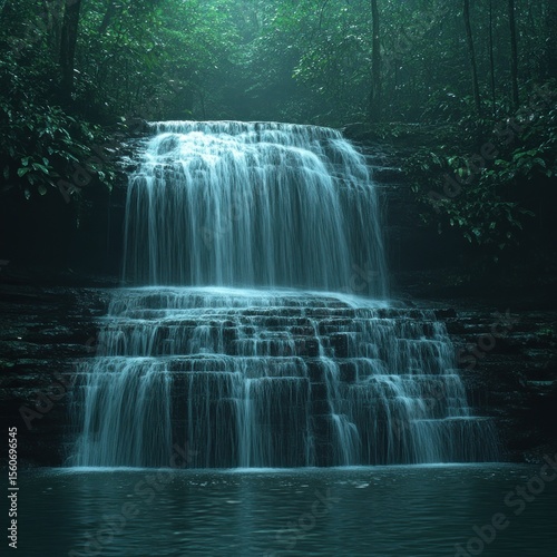 Stunning cascading waterfall surrounded by lush greenery in a serene forest setting