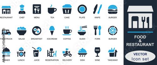 Flat vector solid food and restaurant icon set. Featuring chef, dish, menu, delivery, dessert, drink, and utensils. Ideal for UI, apps, infographics, and kitchen projects.