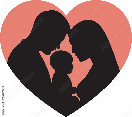 Heartwarming Family Love: Silhouette of Parents and Baby Embraced in a Red Heart - Perfect for Parenthood & Relationship Themes"