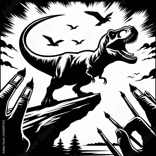 Tyrannosaurus Rex Roaring from a Cliff Overlooking the Prehistoric Wild