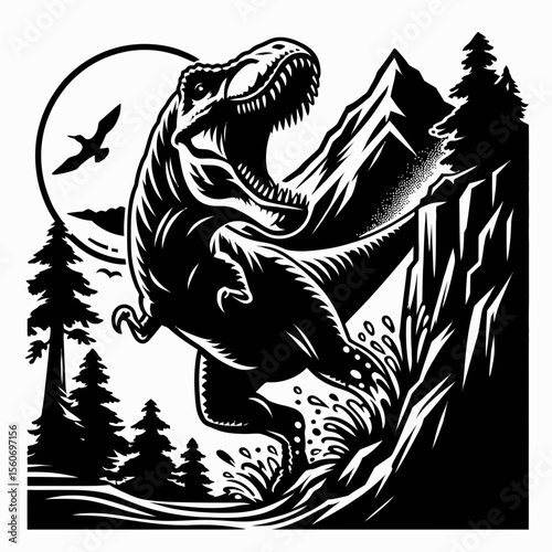 Tyrannosaurus Rex Roaring from a Cliff Overlooking the Prehistoric Wild
