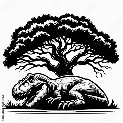 Tyrannosaurus Rex Sleeping Peacefully Under a Prehistoric Tree