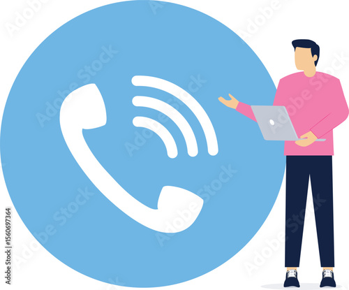 Tiny men receive incoming call in smartphone app. Phone call concept. Accept Button, Decline Button. Communication device. Modern flat cartoon style. Vector illustration

