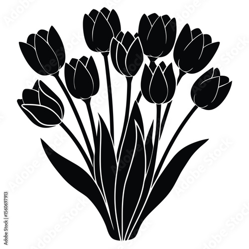 Monochromatic Tulip Bouquet Illustration Graceful Floral Arrangement with Elegant Black and White Design Evoking Sophistication and Simplicity