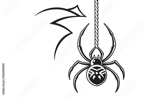 The black spider descends and ascends on a rope,insect, predator, web, spider, animal, black, scarey, spider's web, fauna, fear, festive, horror, monster, party, creepy, 