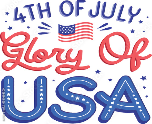 4th of July American Independence Day Lettering and Flag Graphic in Vintage USA Style