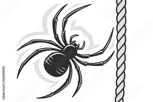 The black spider descends and ascends on a rope,insect, predator, web, spider, animal, black, scarey, spider's web, fauna, fear, festive, horror, monster, party, creepy, 