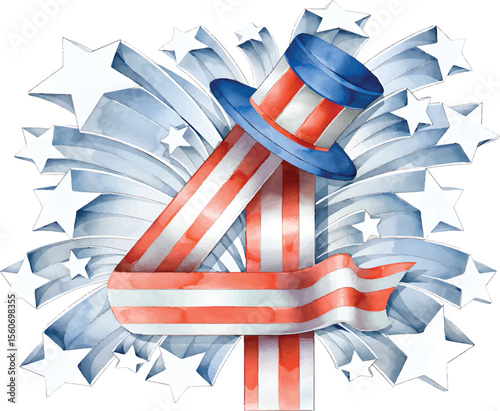 4th of July American Independence Day Lettering and Flag Poster with Fireworks and Stars