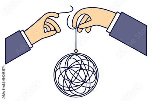 A hand pulls a thread from a tangled ball in other hand. Concept of problem solving and eliminating uncertainty. brainstorming, complexity, confused, confusion, development, difficult, doodle,