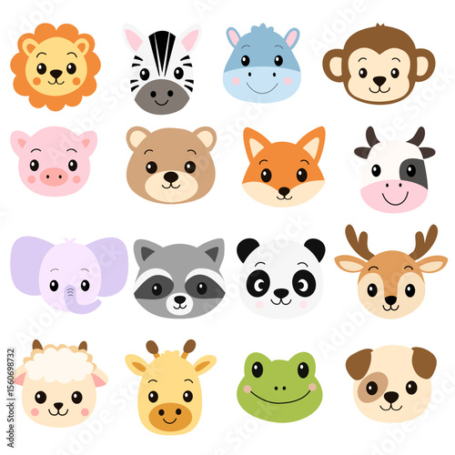 Vector set of cute cartoon animal faces in flat style. Lion, zebra, hippo, monkey, pig, bear, fox, cow, elephant, raccoon, panda, deer, sheep, giraffe, frog, dog. Kids’ designs, stickers, prints.EPS10