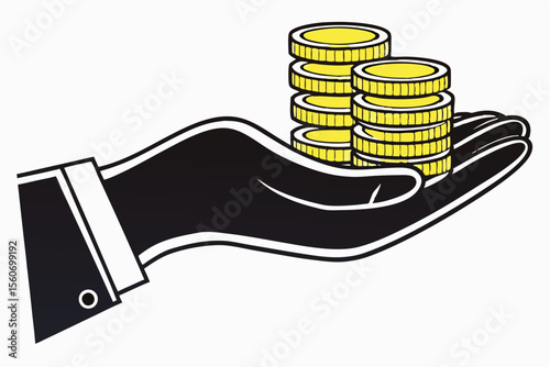 Black and white hand holding a stacks of gold coins. Modern photo collage style. gold, banking, currency, economy, exchange, finance, financial, fund, give, hold, human, income, investment, 