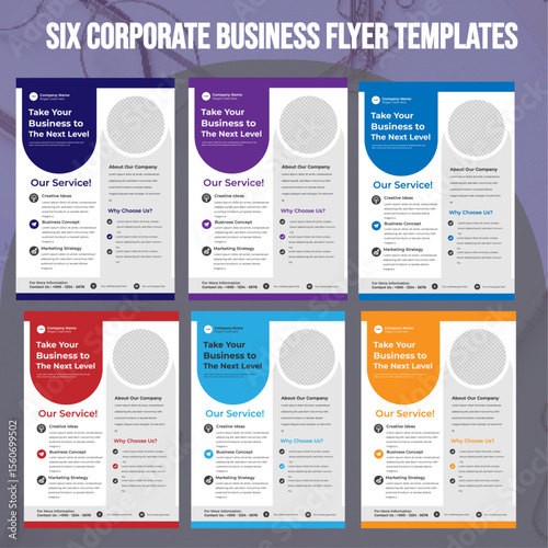 SIX MODERN Corporate Business A4 Flyers TEMPLATES, with DIFFERENT COLOR COOLECTION AND creative editable geometric vector design templates, Informative modern layouts for promotional AND purpose