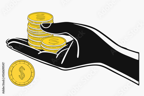 Black and white hand holding a stacks of gold coins. Modern photo collage style. gold, banking, currency, economy, exchange, finance, financial, fund, give, hold, human, income, investment, 